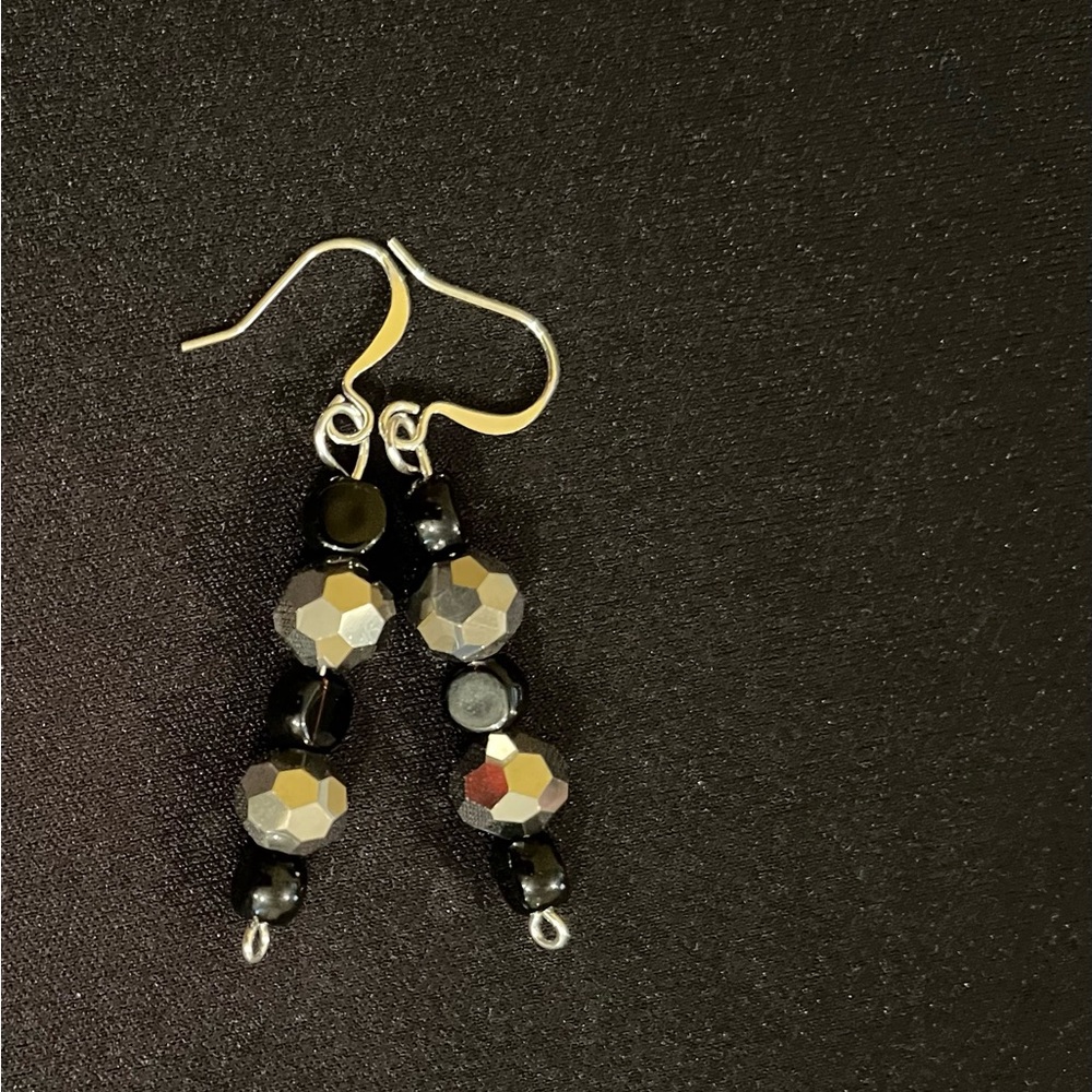Silver Tone Black & Silver Bead Drop Earrings - Picture 2 of 2